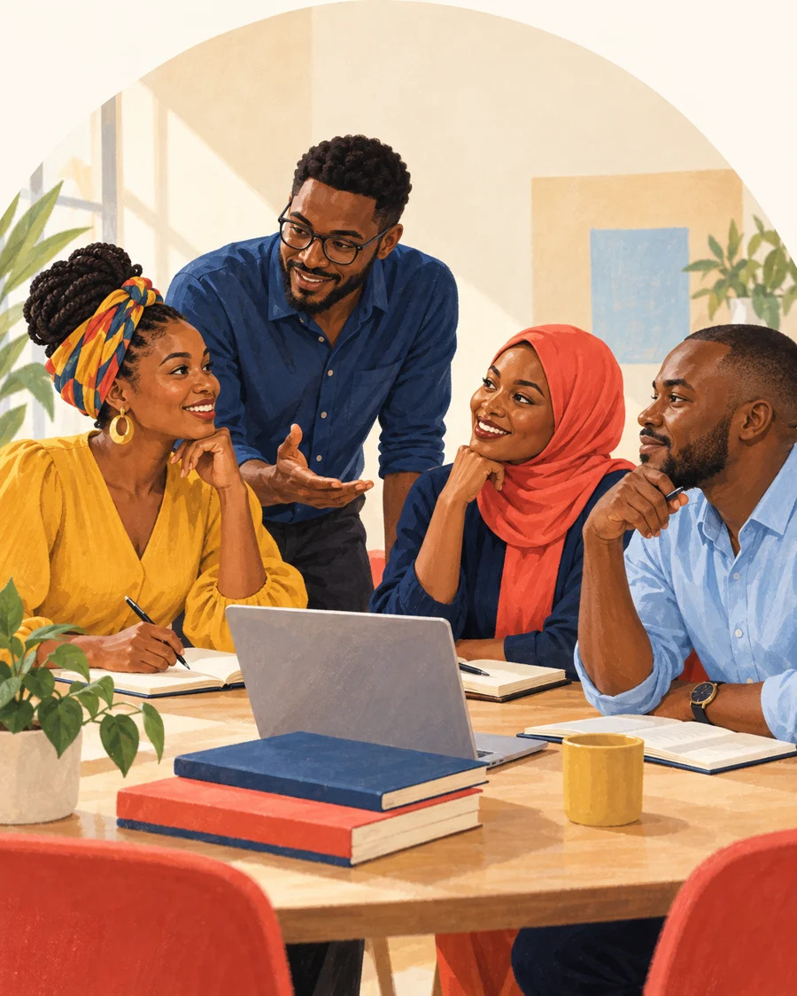 Illustration of entrepreneurs sharing ideas around a learning table